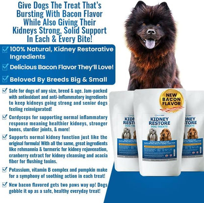 Kidney Restore Bacon Dog Treats 16oz for Petite Dogs. Low Protein Kidney Support for Small Dogs. Renal Treats for Any Kidney Dog Diet.