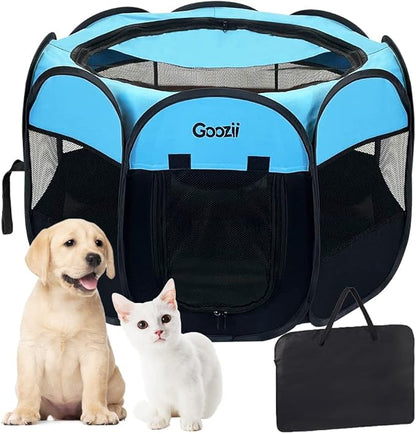 GOOZII Portable Dog Playpen Indoor Outdoor, Collapsible Pet Dog Playpen with Zipper Top Cover, Cat Puppy Bunny Kitten Exercise Play Pen Tent for Beach RV Car (Medium Size,Black Blue)