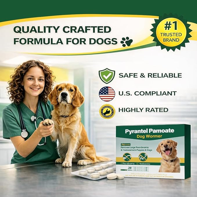 Dog Dewormer Pyrantel Pamoate, Chewable Tablets for Dogs & Puppies, Roundworms & Hookworms, Easy Dosing, 36 Tablets