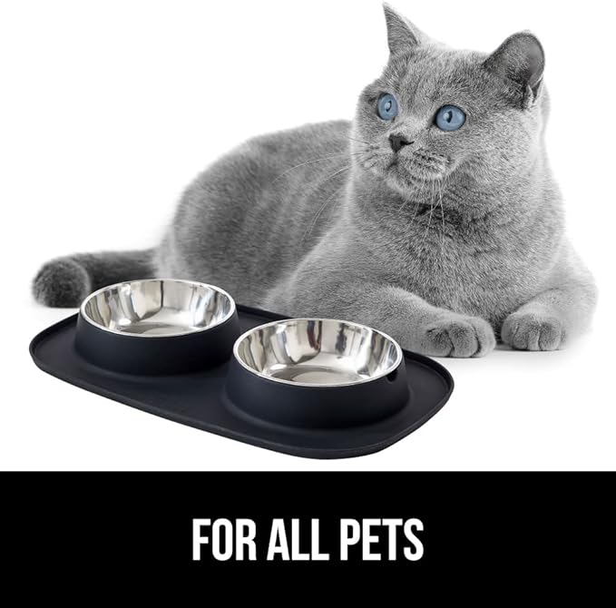 GORILLA GRIP Feeding Mat Set, Patent Pending 100% Waterproof BPA Free Silicone, Stainless Steel Cat and Dog Bowls, Slip Resistant, 1 Black mat/tray with 2 stainless steel bowls