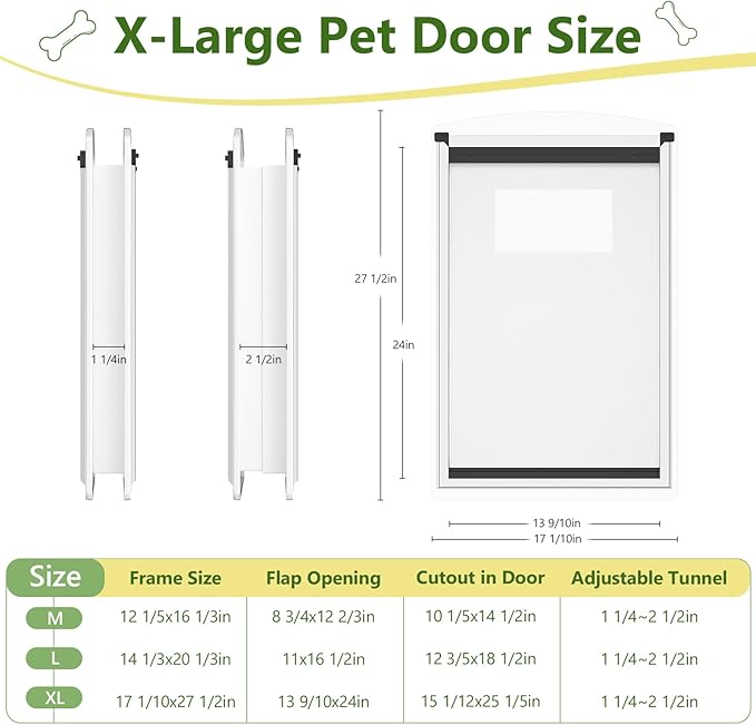 [Classicmacher] Dog Door for Door, All-Stainless Steel Frame Doggie Door with Double Soft Flaps and 2 Sliding ABS Panels, Easy to Install, Perfect for Large Dogs Under 110 LBS (White, Double Flaps)