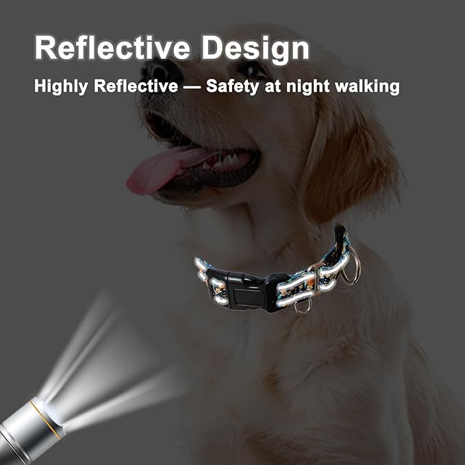 Reflective Martingale Dog Collar with Buckle Soft Nylon Floral No Slip Dog Collars for Medium Dogs (Black Orange Flowers, M)