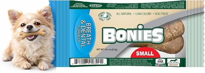 Bonies Natural Breath and Dental Formula Small-Sized Single Bone - All-Natural Ingredients, Fresh Breath, Cleans Teeth, Low Calories, Chicken Flavor, Small Dog, 1 Bone