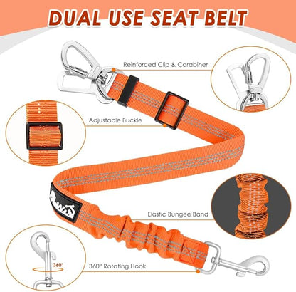 SlowTon Dog Seatbelt, 2 Pack Dog Seat Belt Car Leash Adjustable Elastic Bungee Buffer Heavy Duty Nylon Reflective Pet Safety Tether Connect to Dog Harness for Travel Riding in Vehicle (Daul Clip, OR)