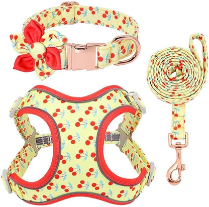 Dog Cat Harness with Leash Yellow Printed Dog Collar Leash Set Personalized Pet Dog Collar Harnesses Walking Leash for Medium Large Dogs S