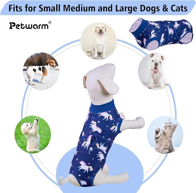 PetWarm Surgery Suit for Dogs, Onesie for Dogs After Surgery, Protective Dog Onesie After Spay or Neuter, Recovery Suit for Comfort, Full Coverage Dog Pajama, Unicorn Pattern, Blue, S