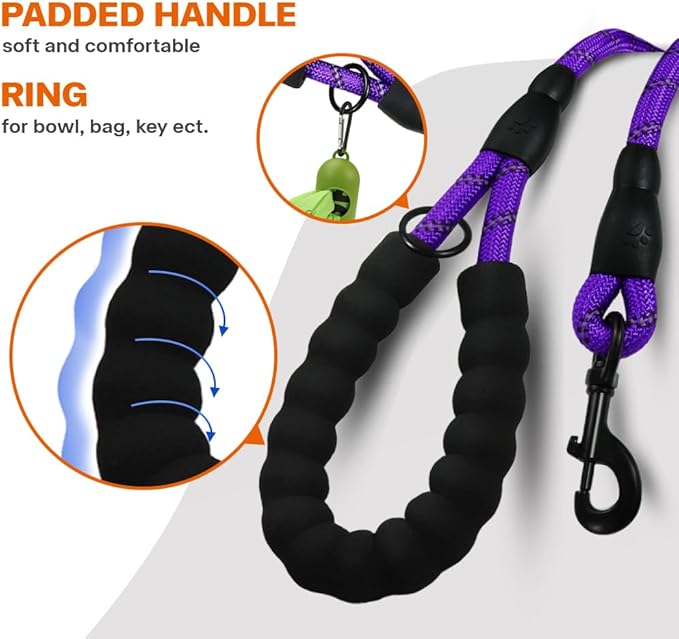 Taglory Rope Dog Leash 6 FT with Comfortable Padded Handle, Highly Reflective Threads Leash and Anti-Tangle Clip for Walking Medium Large Dogs, 1/2 inch, Purple
