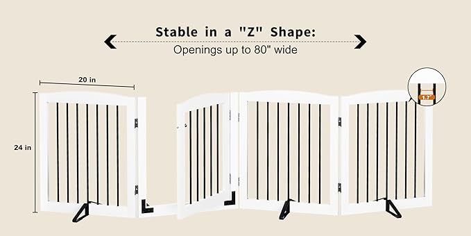 PUPETPO Freestanding Dog Gate with Door, Pet Gate for Stairs, 80 inch Wide Pet Barrier Indoor, Dog Fences Indoor, Support Feet Included, 4 Panels, 24" Tall, White & Black