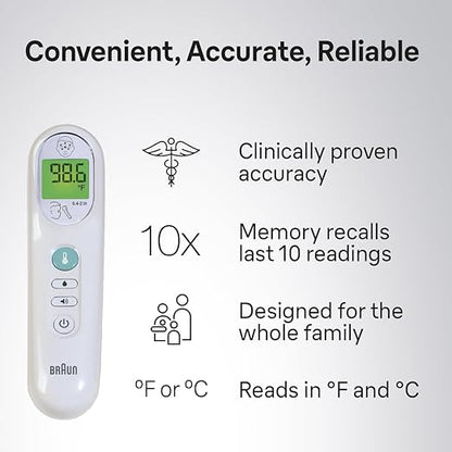 Braun No Touch 3-in-1 Thermometer for Adults, Kids, Babies, Measure Forehead, Liquid, Food Temps, Adult & Baby Thermometer, Professional Accuracy, Color Coded Fever Guidance