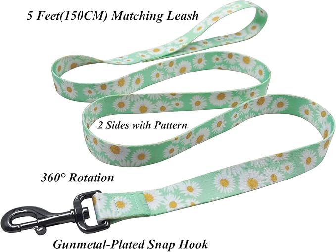 Dog Collar Leash Set, Floral Pattern, Polyester Material, Adjustable Collar and 5ft Matchcing Leash, for Puppy Dogs.(XS, Light Green Daisy)