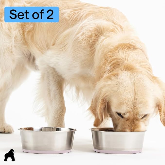 GORILLA GRIP Dog Bowls, Food Grade 304 Stainless Steel, Holds 4 Cups Each (32 fl oz) Food and Water Bowl for Feeding Dogs and Cats, Dishwasher Safe, Rust Resistant, BPA Free Rubber Base Set of 2 Pink