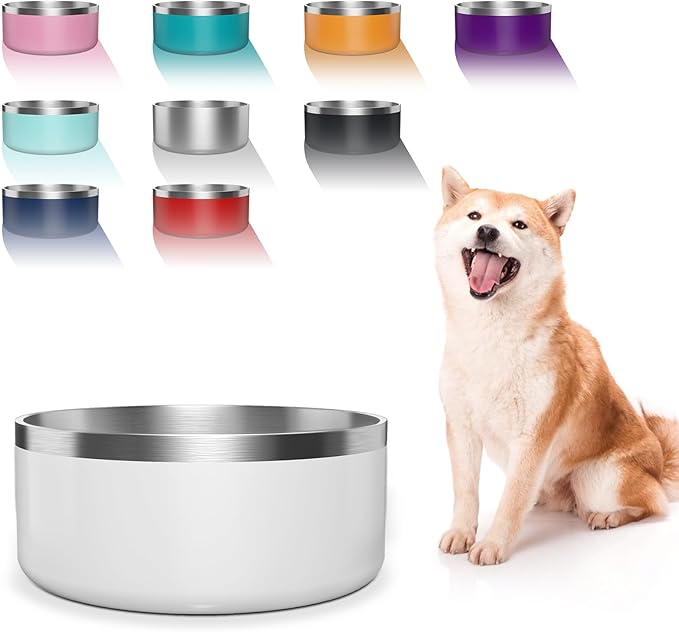 WENBOKMIN Dog Bowl, Stainless Steel Dog Food and Water Bowl with Non Slip Quiet Bottom, Easy to Clean, Dishwasher Safe, 64oz, White