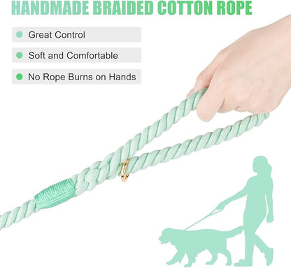 Dog Leash 6 FT Handmade Braided Cotton Rope Leashes for Small Medium and Large Dogs, New Golden Heavy Duty Metal Clasp, Light Green