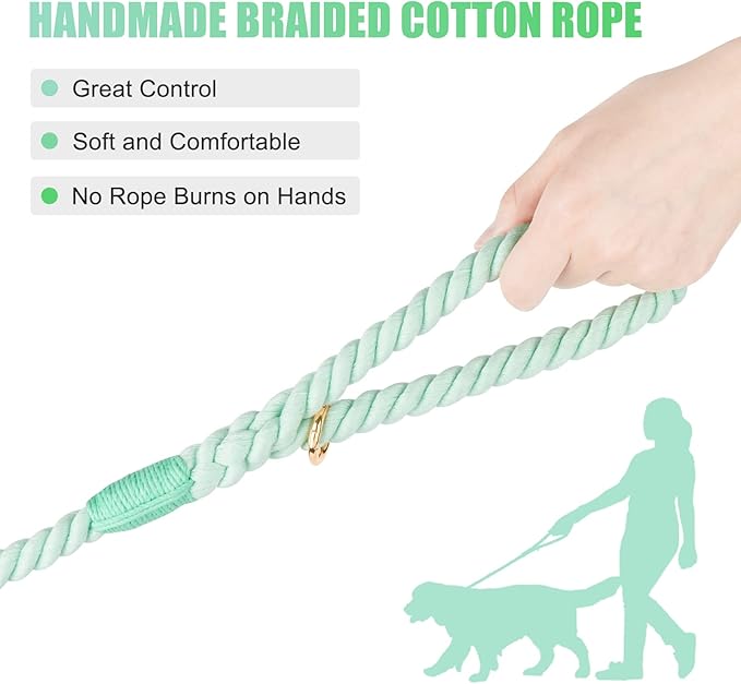 Dog Leash 5 FT Handmade Braided Cotton Rope Leashes for Small Medium and Large Dogs, New Golden Heavy Duty Metal Clasp, Light Green