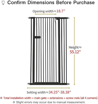 Lumizone Extra Tall Cat Gate 55.12" High Pressure Mounted Extra Wide 2025 New (17 Sizes) 1.37" Gap No Drilling Auto-Close One-Handed Operation Tall Pet Gate for Dogs(Black, 55.12" H x 34.25"-38.38" W)