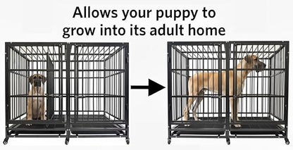 BOLDBONE 54 inch Heavy Duty Indestructible and Escape-Proof Dog Crate Cage Kennel with Divider for 2 Large Dogs, High Anxiety Dog Crate with Removable Wires Trays and Wheels, Extra Large XL XXL