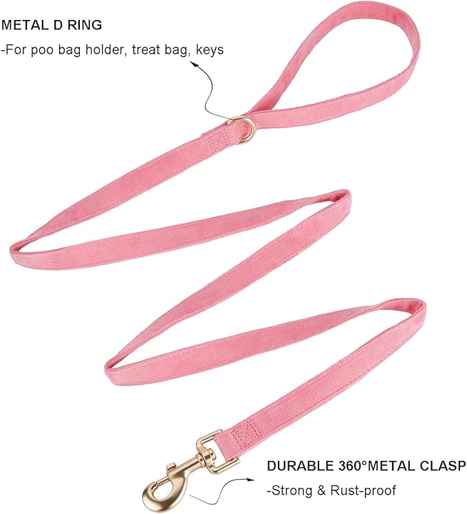 Soft Cotton Dog Leash, 5 Ft Heavy Duty Corduroy Dog Leashes with Gold Metal Hook for Small Medium Large Dogs,Medium,Pink