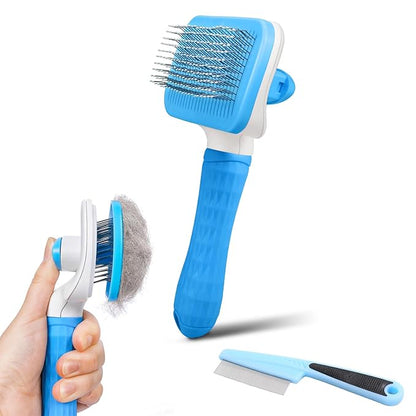 Dog & Cat Brush Kit 2PCS, Self Cleaning Slicker Brush for Pets, Upgraded Dog Brush for Shedding Massaging and Grooming, Removes Loose Undercoat & Portable Comb for Long Short Haired Dogs(Blue)