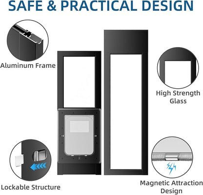 Dog Door for Sliding Glass Door, Magnetic Plastic Flap Sliding Door Pet Insert with Lock, Adjustable Height 74.2”-80.7”, No-Cut Installation for Patio Dog Access(Black L)