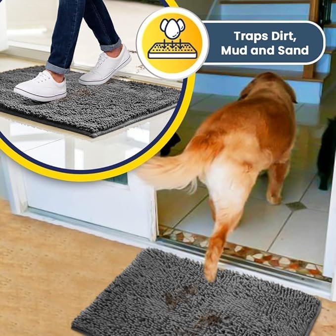 Muddy Mat® | Super Absorbent Door Mat Indoor, Microfiber Quick Dry Chenille Entryway Rug, Non-Slip Front Door Mat, Indoor Mats for Entryway, Machine Washable Pet Rug, Grey 36"x72"