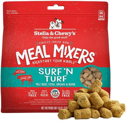Stella & Chewy's Freeze-Dried Raw Surf & Turf Meal Mixers - Dog Food Topper and Mixer - Made with 95% Grass-Fed Beef & Wild-Caught Salmon - Perfect for Picky Eaters - Grain-Free - 18 oz