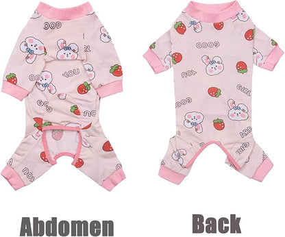 Dog Recovery Suit for Surgery - Soft Onesie, Cute Pajamas Bodysuit, Cone Alternative - Prevent Licking - Female/Male (Small, Bunny Strawberry)