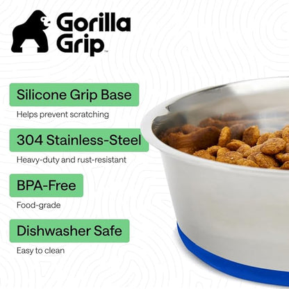 GORILLA GRIP Dog Bowls, Food Grade 304 Stainless Steel, Holds 8 Cups Each (64 fl oz) Food and Water Bowl for Feeding Dogs and Cats, Dishwasher Safe, Rust Resistant, BPA Free Rubber Base Set of 2 Blue