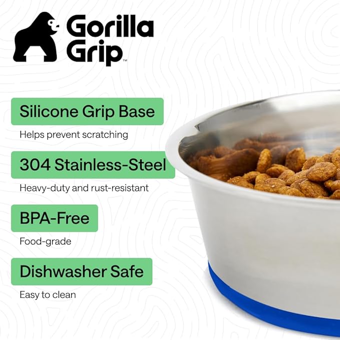 GORILLA GRIP Dog Bowls, Food Grade 304 Stainless Steel, Holds 4 Cups Each (32 fl oz) Food and Water Bowl for Feeding Dogs and Cats, Dishwasher Safe, Rust Resistant, BPA Free Rubber Base Set of 2 Blue