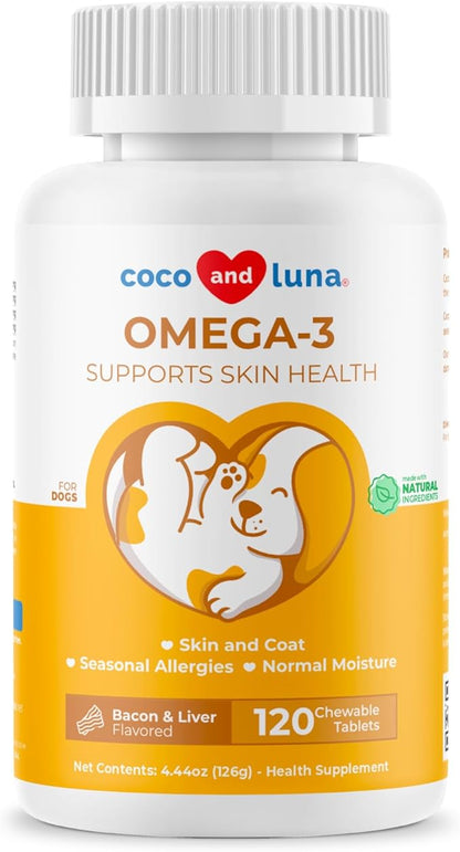 Omega 3 Fish Oil for Dogs - 120 Chewable Tablets - with Omega 3, 6, and 9, Vitamin E for Dog Shedding, Itchy, Dry Skin, Joint & Heart Support (Chewable Tablets)