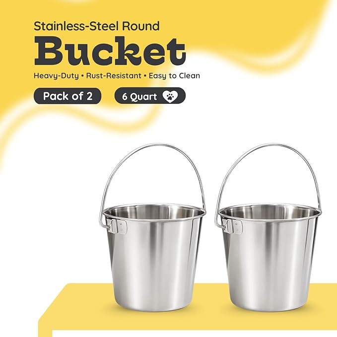 6 quart Heavy Duty Stainless Steel Round Bucket with Handle 2 Pcs | 1.5 gal Sturdy Food & Water Bowl for XL Dog Goat sheep & Livestock | Fits kennel Crate Cage Farm | Hanging Utility Pail