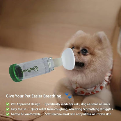 Vet Inhaler Spacer for Cats, Dogs - Use to Assist Metered Dose Inhaler (MDI) Therapy - Dual Valve Design, with Visible Indicators - 3 Silicon Masks for Different Size Pets