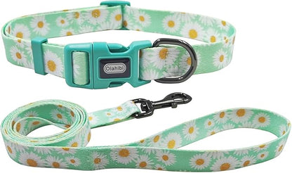 Dog Collar Leash Set, Floral Pattern, Polyester Material, Adjustable Collar and 5ft Matchcing Leash, for Small Dogs.(S, Light Green Daisy)