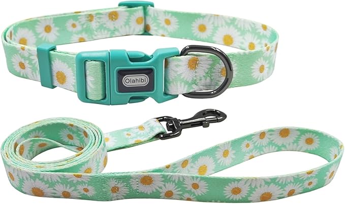 Dog Collar Leash Set, Floral Pattern, Polyester Material, Adjustable Collar and 5ft Matchcing Leash, for Medium Dogs.(M, Light Green Daisy)