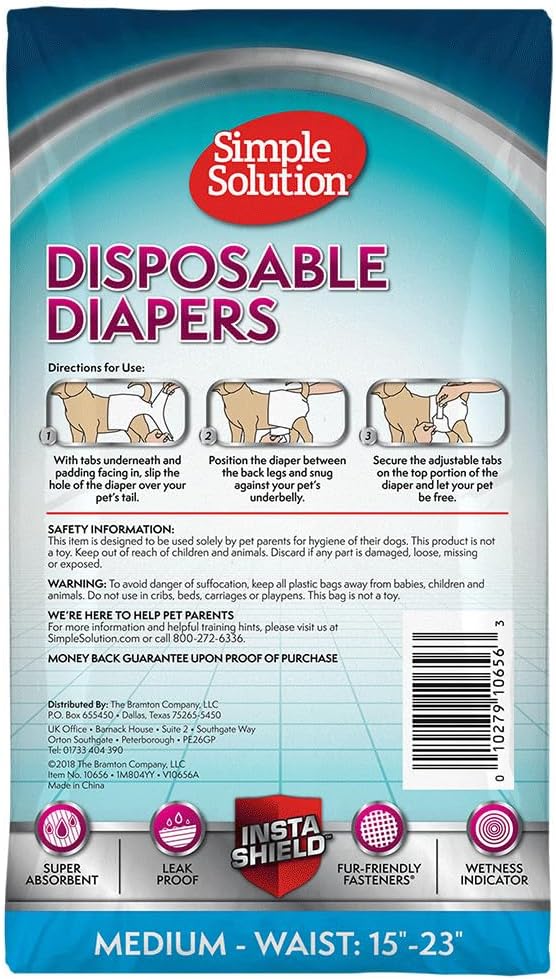Simple Solution Disposable Female Dog Diapers, Absorbent Leak Proof Protection for Incontinence, Puppy Training, Heat Cycle, Travel, and Housebreaking, Medium Dogs, 15–23 Inch Waist, 12 Count