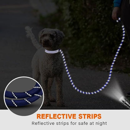 Taglory Rope Dog Leash 4 FT with Comfortable Padded Handle, Highly Reflective Threads Leash and Anti-Tangle Clip for Walking Small Dogs, 3/8 inch, Navyblue
