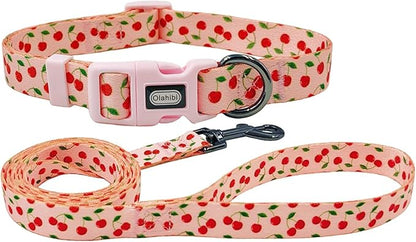 Dog Collar and Leash Set, Cute Cherry Pattern, Polyester Material, 5ft Leash, for Large Dogs.(Large,Pink Cherry)