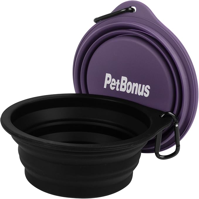 PetBonus 2-Pack Large Silicone Collapsible Dog Bowls, 34oz/1000ml BPA Free Portable Foldable Travel Bowl for Pet Cat, Food Water Feeding Dish for Camping with 2 Carabiners (Black, Dark Purple)