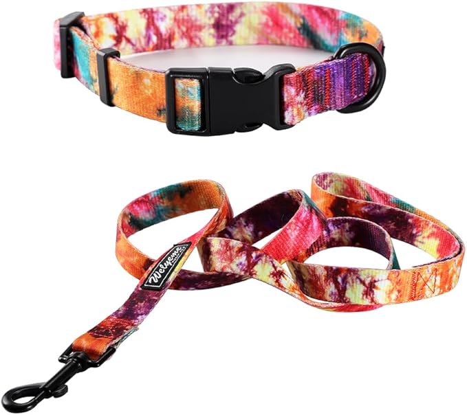 Dog Collar and Leash Set for XSmall Small Medium Large Dogs, Rainbow Stripes, Tie Dye Dog Collar (S(9.9''-11.8''))