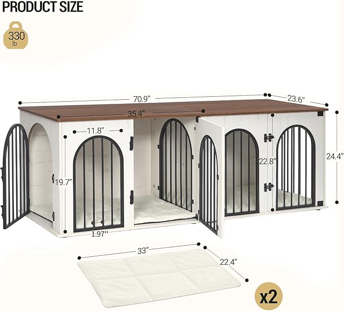 Hzuaneri 71" Dog Crate Furniture for 2 Dogs, Heavy Duty Indoor Dog Kennel TV Stand, XL Wooden Dog Cage with Divider for Medium Large Dogs, End Table Dog Crate with Cushion, White Brown DFC81914B