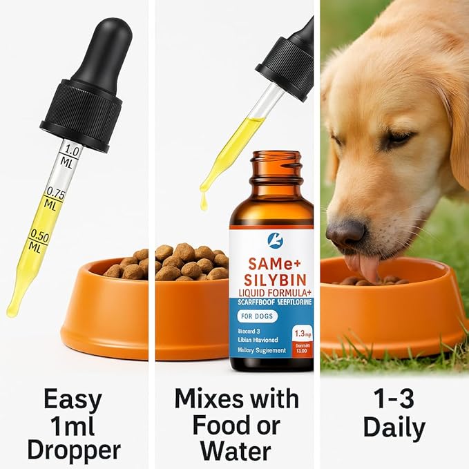SAMEe for Dogs 500mg Liquid Drops with Silybin – Bacon Liver Flavored Liver Support Supplement for Dogs – S-Adenosyl Methionine & Milk Thistle Extract – 30ml (1oz)