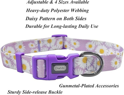 Dog Collar Leash Set, Floral Pattern, Polyester Material, Adjustable Collar and 5ft Matchcing Leash, for Puppy Dogs.(XS, Light Purple Daisy)