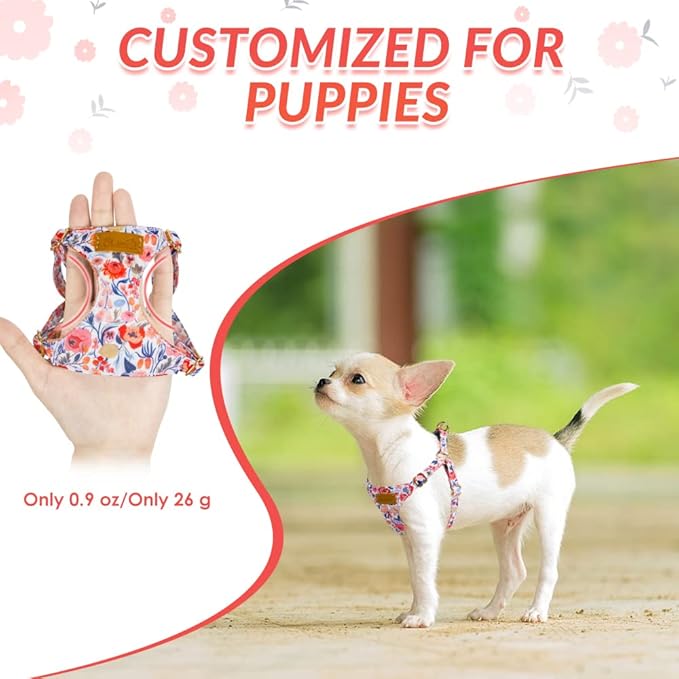Lukovee Puppy Harness and Leash Set, No Pull Lightweight Soft Suede Adjustable Pet Harness Vest with Snap Buckle for Puppy Small and Medium Size Dog (Flower-XXS)