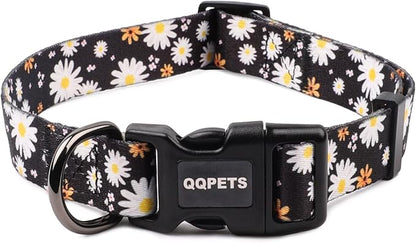 QQPETS Adjustable Soft Dog Collar: Print Flower Pink Multicolor Cute Patterns for XS Small Medium Large Pet Girl Boy Puppy Walking Running Training (XS, White Daisy)