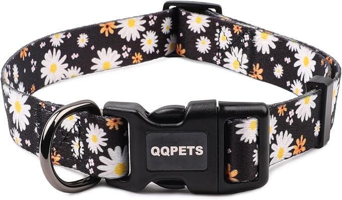 QQPETS Adjustable Soft Dog Collar: Print Flower Pink Multicolor Cute Patterns for XS Small Medium Large Pet Girl Boy Puppy Walking Running Training (M, White Daisy)