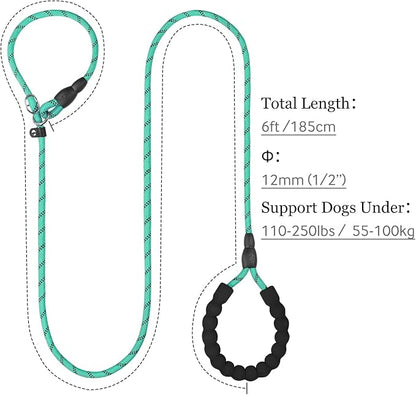 TagME 6ft Slip Dog Lead, No Pull Reflective Training Leash with Padded Handle, Professional Rope P-Leash for Small Medium Large Dogs, Heavy Duty Correction Lead for Walking & Training (Turquoise)