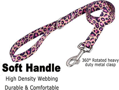 Mihqy Dog Collar and Leash Set with Bohemia Floral Tribal Geometric Patterns - Soft Ethnic Style Collar Adjustable for Small Medium Large Dogs(Pink Leopard Set,XS)