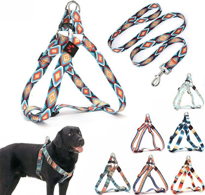 Dog Harness and Leash Set, Pretty Pattern No-Pull Pet Halter Puppy Vest Outdoor Easy Walk for Small Medium Large Breed Pug Bully Mastiff Dogs Female Male, Boho L