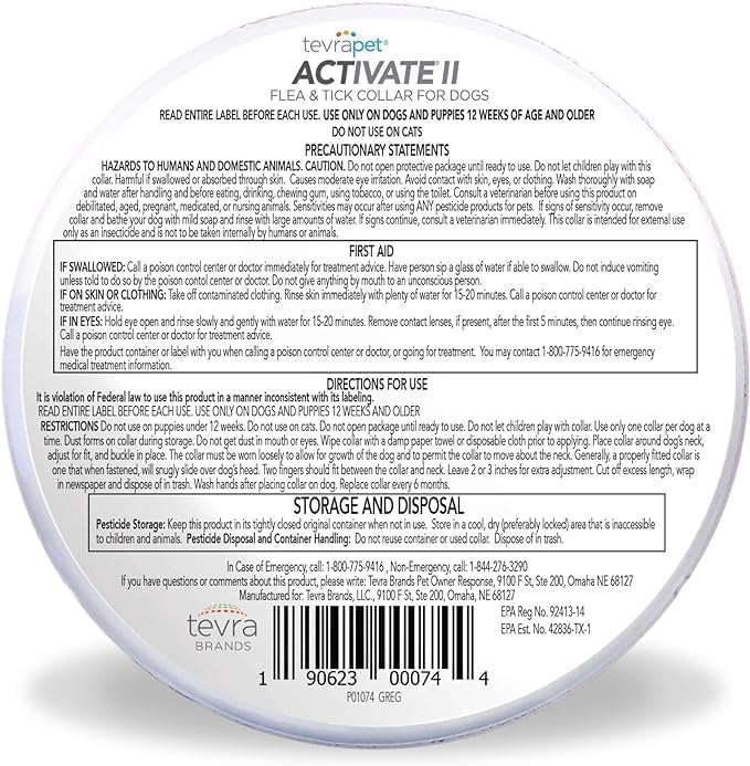 TevraPet Activate II Flea and Tick Collar for Small Dogs, 12 Months Prevention, 2 Count, Fits Up 15" Size Neck