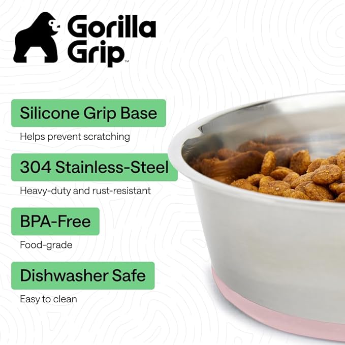 GORILLA GRIP Dog Bowls, Food Grade 304 Stainless Steel, Holds 8 Cups Each (64 fl oz) Food and Water Bowl for Feeding Dogs and Cats, Dishwasher Safe, Rust Resistant, BPA Free Rubber Base Set of 2 Pink