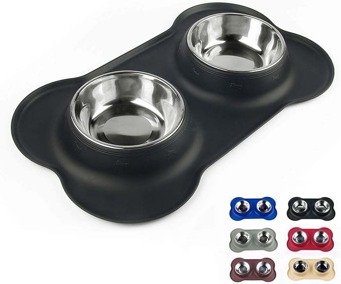 Dog Bowls with Anti-Overflow and Anti-Skid Silicone Dog Food Mat, Stainless Steel Feeder Easy to Clean for Small Medium Large Dogs Cats Pets